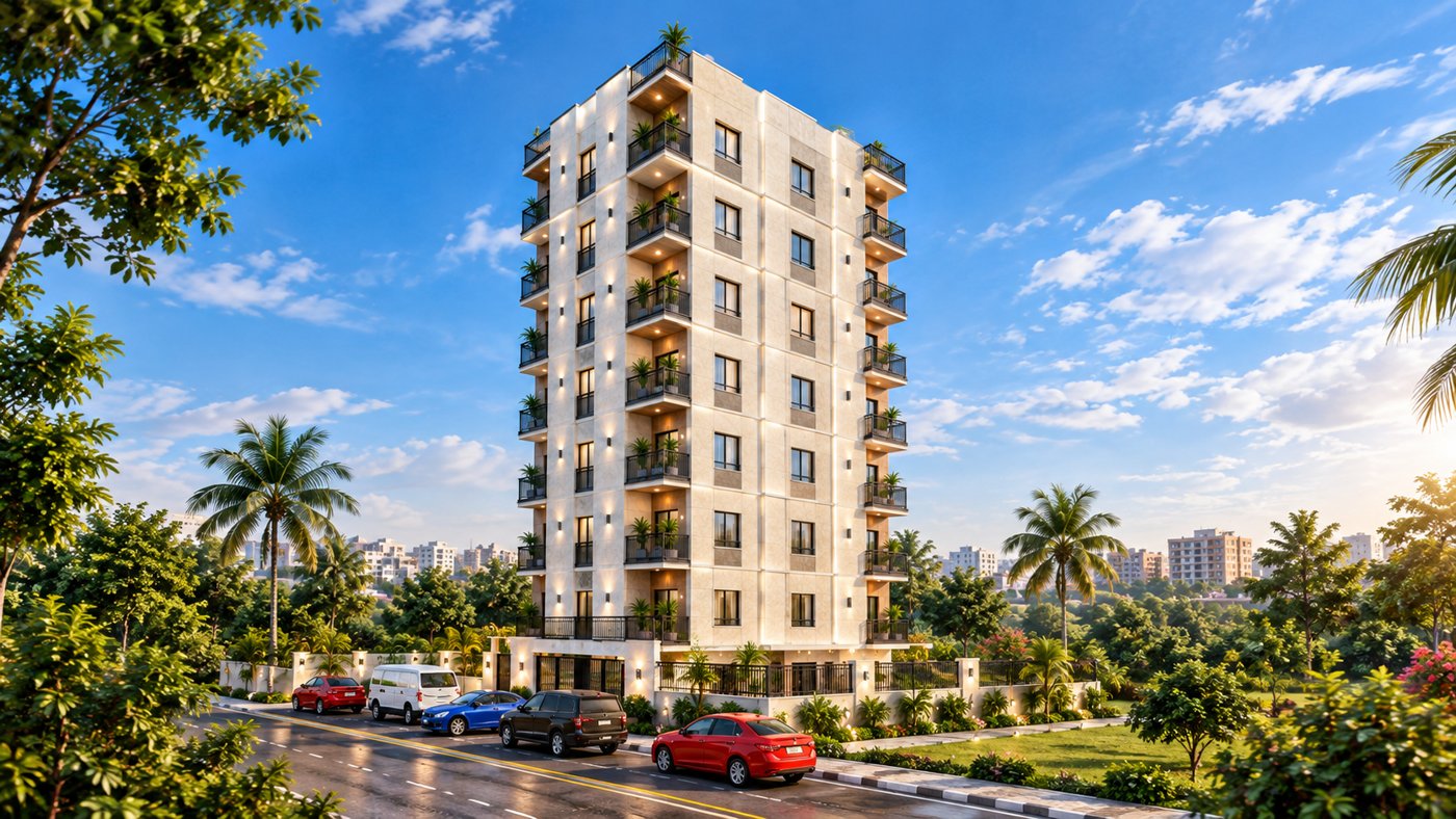 Eight-storey residential tower with stone-look cladding, planted balconies and ground-floor parking, Mirpur, Dhaka