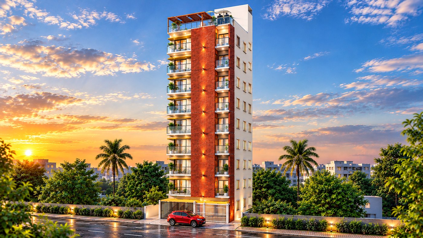 Slim apartment tower with a red brick feature wall, glass-railed balconies and a rooftop terrace with a timber pergola, Rangpur