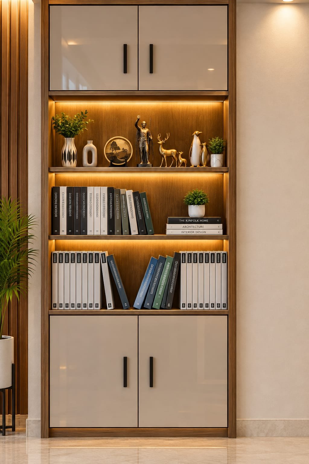 Backlit timber display wall with books, sculptures and plants